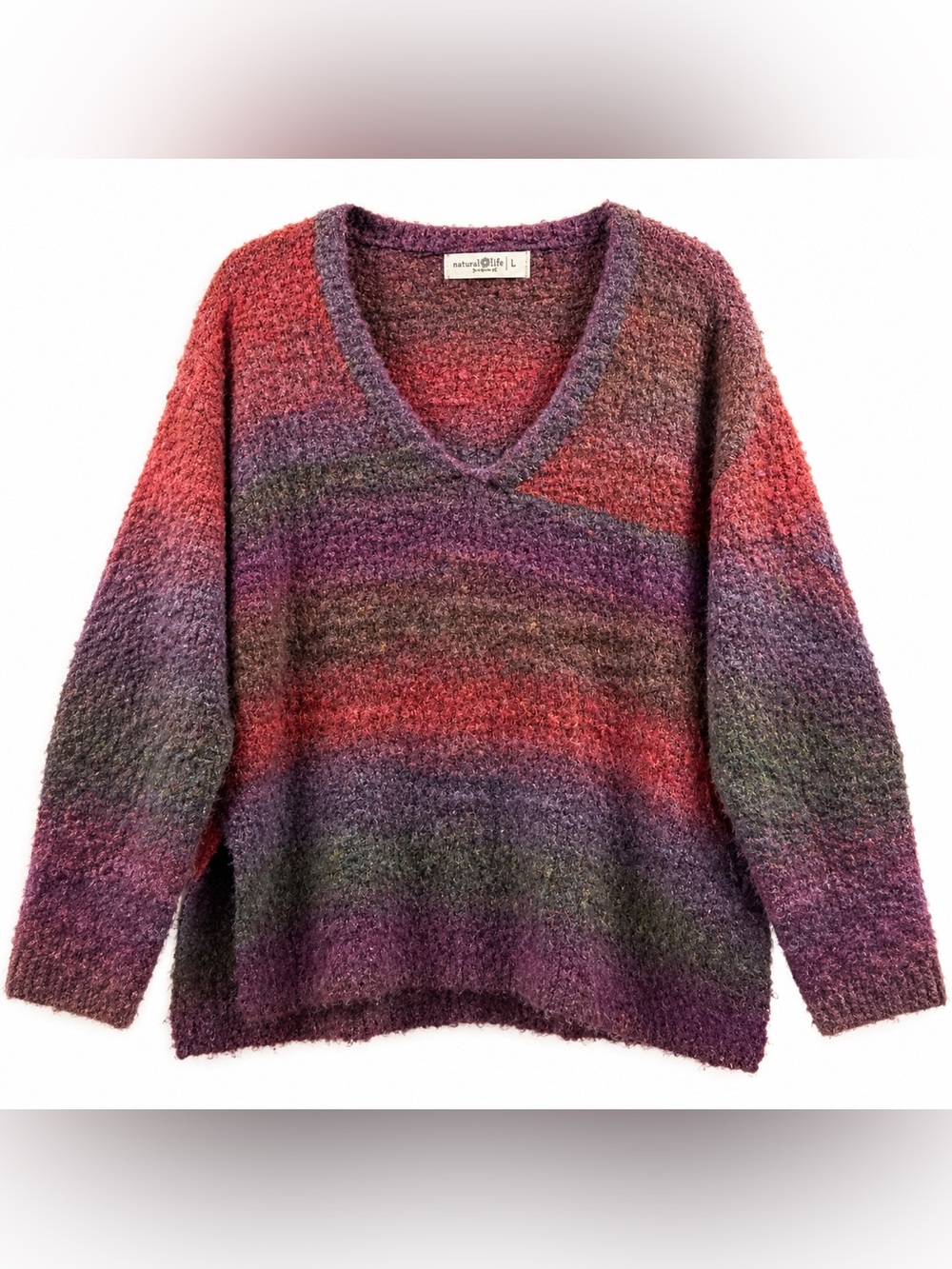 Natural Life Large Fuzzy Multicolor Wool Blend V-Neck Sweater Boho